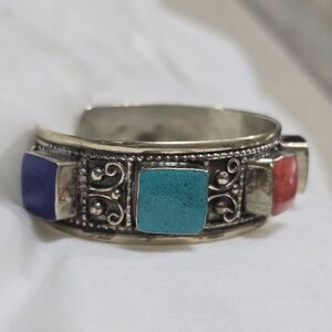 Elegant Tibetan Silver Cuff with Turquoise, Coral & Blue Lapis, Heavy